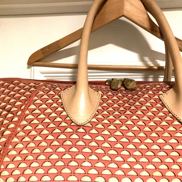 Pour La Victoire Leather basketweaved Authentic Extra Large Tote  Tan/Orange - Picture 6 of 16